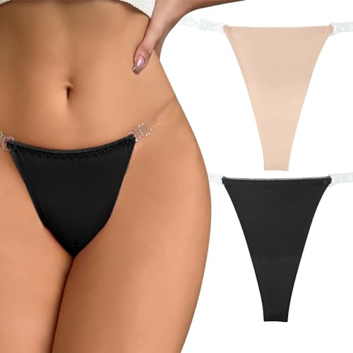 Happy Cherry No Show Light Weight G-Strings for Women Essential Invisible Quick Dry Bikini Style Underwear Solid Hipster Panties Tangas 2 Pack Black Flesh L