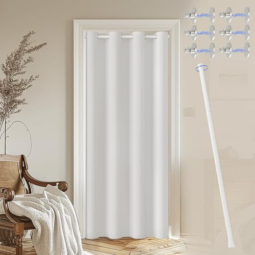 JCyh Magnetisk dörrgardin med fjäderspänningsstång, vit ytterdörrgardin 132 cm x 195 cm, 1 panel gardin + vit stång