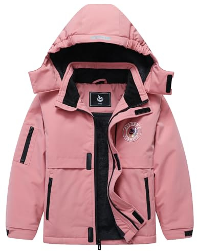 CICVSOC Girls' Ski Jacket Winter Outdoor Warm Snow Coat Kids Snowboard Windproof Jacket with Hood, Pink03, 13-14
