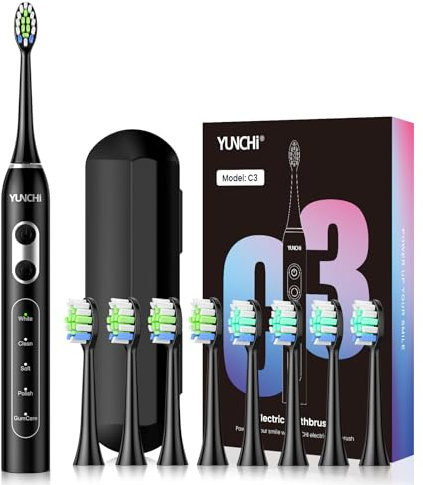 YUNCHI C3 Electric Toothbrushes for Adults,8 Brush Heads and Travel Case,Sonic Toothbrush with 5 Modes and 2 Mins Smart Timer, Black