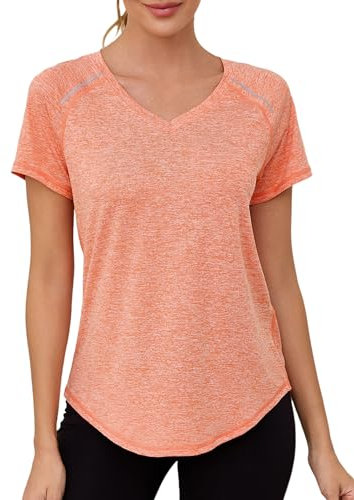 Gyabnw Ladies Yoga Tops Short Sleeve Loose Fit V-Neck Gym Running T-Shirt Moisture-Wicking Sportswear for Women Orange