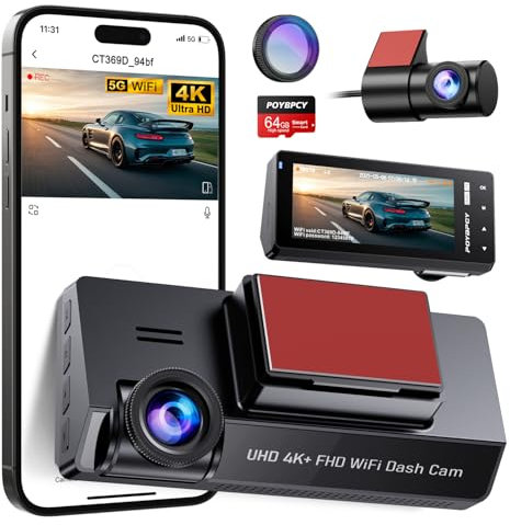 POYBPCY Dash Cam Auto 4K+1080P con Filtro CPL,Doppia WiFi Telecamera Auto Scheda da 64 GB, Dashcam Display IPS da 3.69,Visione Notturna+WDR,G-Sensor,Registrazione in loop,24H Monitor di Parcheggio