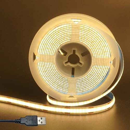 Clearhill 5V USB COB LED-ljuslistor, Varmvit 3000K, 8mm bredd 320LEDs/m, 8W/m, CRI90, 16.4FT/5M, Elektropläterad dubbelsidig panelbelysningslist, Flexibel lista för inomhusdekoration