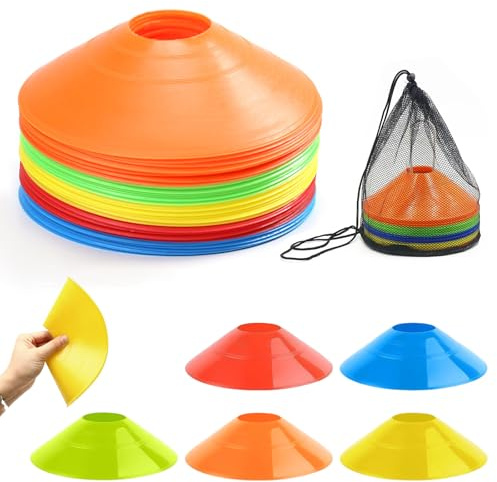 Jortmrd 50 Piezas Conos Entrenamiento Futbol Conos Agilidad Redondos Conos De Disco con Bolsillos de Malla, para Entrenamiento de Fútbol y Marcado de Canchas (5 Colores)