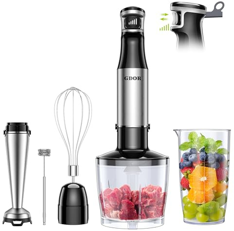 GDOR 1100W Pürierstab, 5 In 1 Stabmixer Edelstahl, Stufenlos Geschwindigkeitseinstellung Hand Blender Mit 2 Schneebesen, 800ml Messbecher, 600ml Häcksler