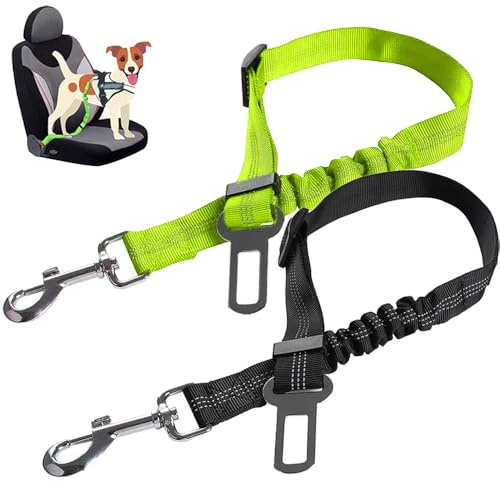 TRKETK 2 Pezzi Cintura Sicurezza Cani Auto Regolabile, Guinzaglio Realizzato in Nylon con Cintura di Sicurezza per Cani Elasticizzata Ammortizzazione Elastica per Tutti Cani e Gatti (Nero, Verde)