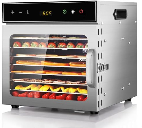 Stainless Steel Food Dehydrator, oiyocemo 8 Tray Fruit Dryer Machine with Free Recipe Book, BPA-Free, 30~90℃ Temperature Setting, Max 24h, Dehydrator Food Dryer UK for Vegetables, Meats