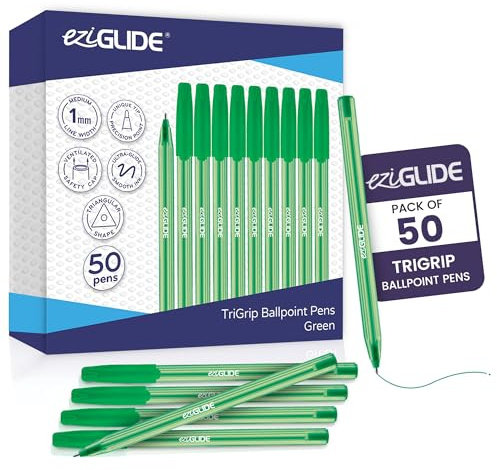 Eziglide TriGrip Ballpoint Pens Ink 50-Pack, Ballpoint Pens Multipack, Medium Point (1.0mm) for Smooth Handwriting & Consistent Flow Triangular Barrel Pens for School, Home & Office (50, Green)