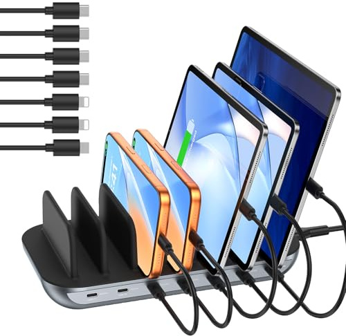 SooPii Estación de Carga USB C Premium de 140W y 7 Puertos para múltiples Dispositivos, Carga rápida PD de 20 W para teléfono y Tableta, 7 Cables Mixtos incluidos, Negro