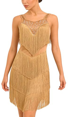 EFOGEP Robe de danse latine pour femme - Robe de danse avec franges - Robe de salsa pour femme - Robe de bal sexy à paillettes - Robe courte pour Rumba Cha Cha Cha Compétition Entraînement Fête