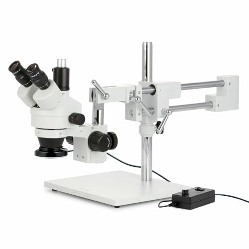 AmScope 3.5X-90X Simul-Focal Stereo Zoom Microscope on Dual Arm Boom Stand with 144-LED Ring Light