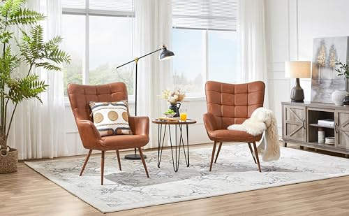 Yaheetech Accent Chairs, Large PU Leather High-Back Chair w/Metal Legs, Pottery Barn Style Living Room Chairs for Bedroom/Home Office, Brown, Set of 2