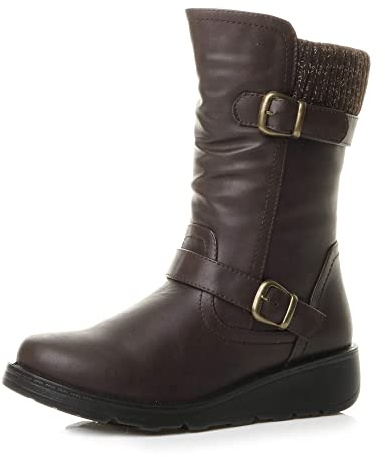 Ajvani Femmes talon compensé bas col tricoté l'hiver confort motard bottes de mollet pointure 6 39