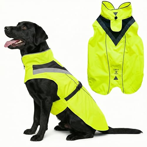 Lautus Pets Dog Rain Coat - Waterproof, Reflective, Bright Yellow with Harness Hole (M, Yellow)