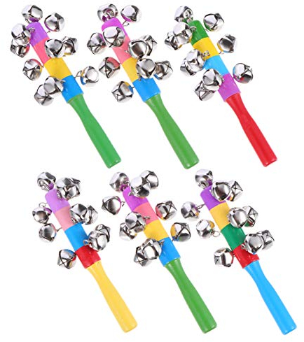 TOYANDONA 6 Stücke Weihnachten Kinder Handglocke Baby Schellenrassel Holz Musikinstrumente Rasseln Schellenstab Percussion Rhythmus Instrumente Entwicklung Spielzeug Geschenke- Zufällig