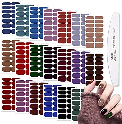 WOKOTO 20 Sheets Dark Solid Color Series Nail Polish Strips Stickers with Nail File Self-Adhesive Punk Rock Gel Nail Strips Full Wraps for Women Nails Art