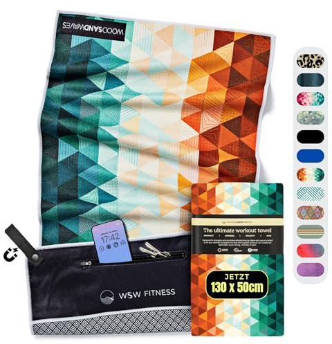 WOODSANDWAVES Sporthandtuch Fitnessstudio mit Reißverschluss Tasche & Magnet - Schnelltrocknend & rutschfest - Mikrofaser Fitness Handtuch Sport Fitnesshandtuch - Gym Handtuch & Zubehör - 130x50 cm