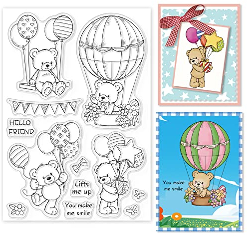 GLOBLELAND Bär Heißluftballon Clear Stamps für DIY Scrapbooking Dekor Tiere Blumen Puppen Transparente Silikonstempel für die Herstellung von Karten Fotoalbum Dekor