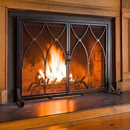 Kunovo Parascintille per Camino Protezione Antincendio con Doppia Porta e Maniglia, Soggiorno/Grigliate All'aperto Parafuoco Accessorio per la Protezione dalle Scintille, (l X H) 96 Cm X 78 Cm