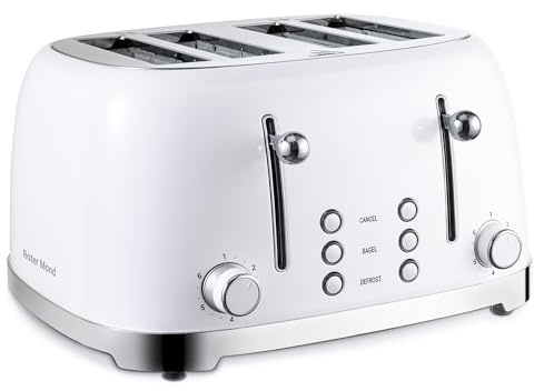 Roter Mond 4 Slice Toaster Retro Stainless Steel with Bagel Defrost Cancel Function, 6 Browning Settings, Extre Wide Slot and Removable Crumb Tray, White, ST033