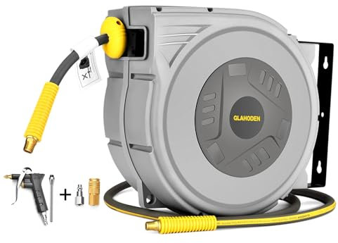 GLAHODEN Enclosed Retractable Air Hose Reel, 3/8 in x 80 Ft Hybrid Hose Air Compressor Hose Reel with 6 Ft Lead in Max 300 PSI Patented Design for Any Length Lock 180Β°Swivel Bracket Quick Coupler