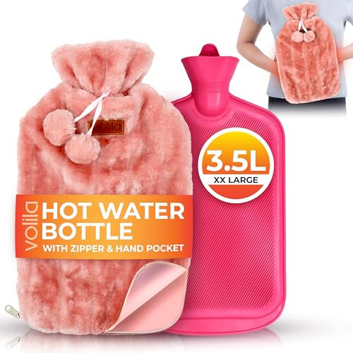 Borsa Dell'acqua Calda Grande da 3,5 Litri con Cerniera e Tasca per le Mani - Borsa Acqua Calda Rivestita in Pelliccia Sintetica Rosa per Sollievo dal Dolore - Morbida e Lavabile (1 Pezzo)