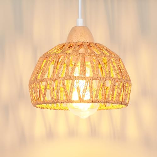 iDEGU 20cm Lámpara Colgante Vintage Luz Plafón Pantalla de Ratán y Madera Retro E27 Iluminación Colgante Estilo Bohemio Lámpara de Techo para Dormitorio Cocina Comedor Pasillo Salón (Ratán Marrón)