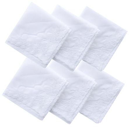 Assorted Ladies Novetly Embroidered Cotton Soft Handkerchiefs Scalloped Hankies White Rose 6PCS