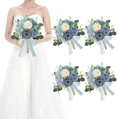 HOMENERGY Set of 4 Bridesmaid Bouquets for Wedding - Artificial Flowers Bouquets for Bridesmaids Small Floral Ceremony Anniversary Centerpieces Decorations - Dusty Blue and White,7 Inch