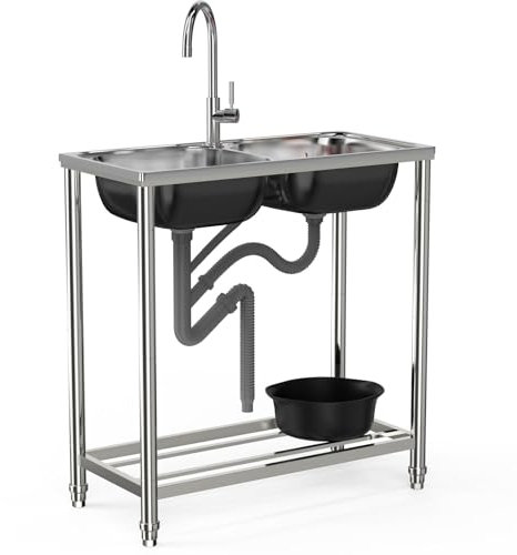 Freestanding Stainless Steel Sinks, Commercial Kitchen Sink Double Bowl Outdoor Camping Sinks with Stand, Mobile Portable Sink with Faucet, for Kitchen Laundry Garage Restaurant