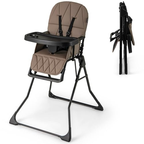 COSTWAY Foldable Highchair for Babies and Toddlers, Compact Lightweight High Chair with 3-Position Adjustable Tray & Footrest, Removable Seat Cushion (Coffee)