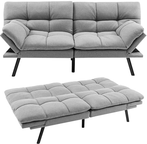 GOPLUS Canapé Lit en Mousse à Mémoire Canapé-lit Futon, Dossier 3 Positions et Accoudoirs 4 Positions, 6 Pieds en métal, Causeuse Vonvertible pour Salon, Chambre,Charge 273KG (Lin, Gris Foncé)