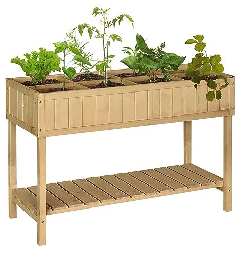 Outsunny Hochbeet mit Regal, erhöhtes Kräuterbeet mit Ablauflöcher, 8 Fächer, Pflanzkasten aus Holz, wetterbeständig Pflanzbeet Gemüsebeet für Garten, Balkon, 120 x 60 x 81 cm Naturholz