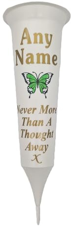 Personalised Memorial Grave Vase, White with Butterfly Design, Never More Than A Thought Away, (Green)