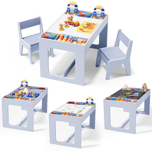 MAMIZO Mesa y Silla Infantil, Mesa Infantil con 2 Sillas con Espacio de Almacenamiento, con Tablero Reversible, para Guardería, Colegio, Habitación Infantil, para + 3 Años, Azul