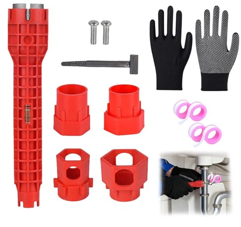 FMPXYYA Llave Tuerca Grifo 14 en 1 con Guantes y Cintas selladoras, Herramienta Multifuncional para instalación y desmontaje de grifos, Ideal para Cocina y baño, Color Rojo, tamaño Universal