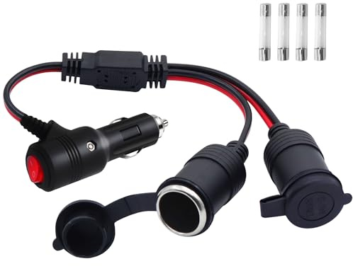 LANMINGLEL Divisor de enchufe doble para encendedor de cigarrillos con interruptor, 12 V/24 V 1 a 2 adaptador divisor de encendedor de cigarrillos de coche, cable de extensión macho a hembra de 2 vías