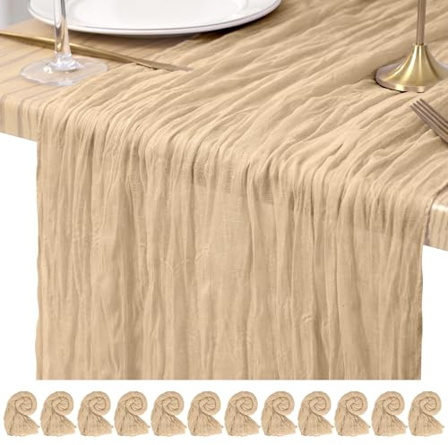 Pesonlook ostduk bordslöpare beige, 12-pack 45 x 274 cm, lång | Rustik boho gasväv bordslöpare, skrynklig textur, mjuka, tvättbara återanvändbara dekorationer för bröllopsfest middag hem