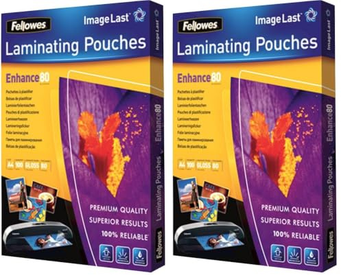 Fellowes Laminating Pouches A4, Gloss Finish - 100 Sheets - 160 Micron (2 x 80 Micron) Clear & Durable Laminating Pouch with Image Last Directional Mark - Ideal for Photos and Notices (Pack of 2)