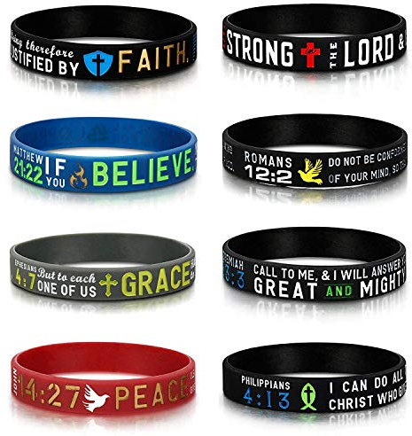 Finrezio 8 Stücke Power of Faith Bibel Vers Armbänder Schwarz Silikon Armbänder für Männer Frauen Christian Religiöse Schmuck Geschenke