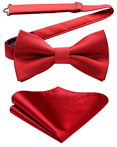 HISDERN red Bow Tie for Men Pre-tied Wedding Formal Tuxedo Bowtie Classic Handkerchief Set Adjustable