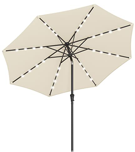 SONGMICS Sonnenschirm 300 cm mit LED-Solar-Beleuchtung, 32 LED-Lämpchen, UV-Schutz UPF 50+, beidseitig um 30° knickbar, für Garten, Terrasse, Pool, Balkon, ohne Ständer, beige GPU033M01