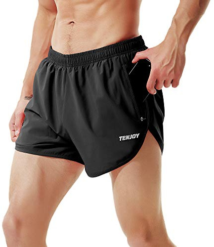TENJOY, Pantalones Cortos de Correr para Hombre, Pantalones Cortos Deportivos de 8 cm con Bolsillo con Cremallera, Negro -, Medium