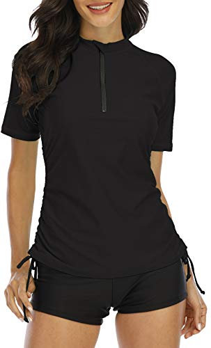 Halcurt Damen Rash Guard UV-Schutz UPF 50+ Kurzarm Badeshirt Reißverschluss Bademode