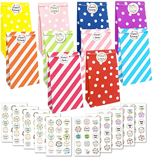 Papiertüten 40 Stück Geschenktüten mit 150 Aufkleber Kindergeburtstag Gastgeschenke Candy Tüten zum Verpacken von Geschenken, Giveaways, Hochzeit, Party