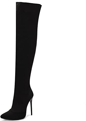 CUTEHEELS Sexiga overkknäkängor/överknästövlar med stilettos och spetsiga tåparti för kvinnor, svart, 45 EU
