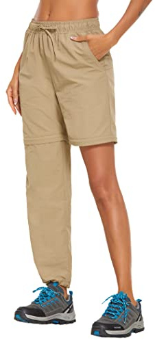 PINSPARK Ladies Hiking Pants with Zip-Off Legs Pants Quick Dry Water Resistant Pants Convertible Shorts Lightweight Camping Sweatpants Khaki L