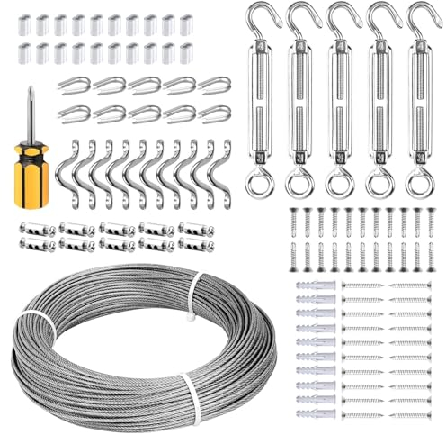 fshihine 50M Garden Wire Rope Kit with Turnbuckles, 2mm PVC Coated Stainless Steel Cable, Garden Wire for Climbing Plants, Fence, Trellis, Outdoor String Light Hanging
