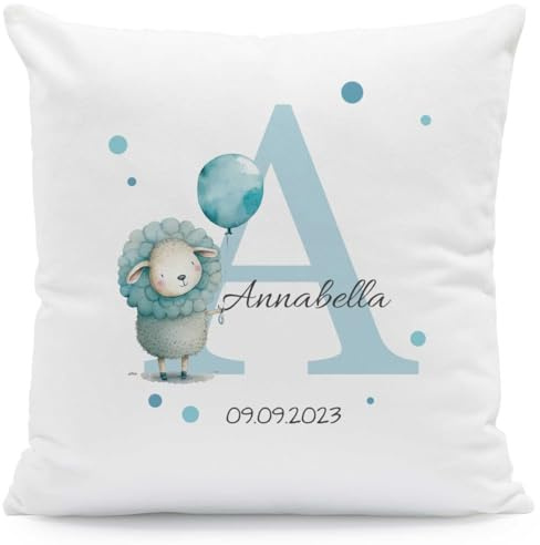 GRAVURZEILE Cuscino decorativo personalizzato con motivo animale e iniziale – personalizzato con nome e data – 40 x 40 cm – con imbottitura – regali personalizzati per Natale e compleanno – pecora