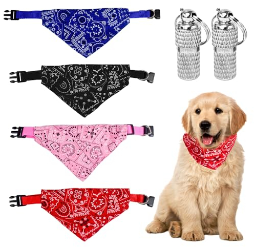 4 Haustierschals Mit 2 Botschaftsanhängern, Dreieckiges Haustierhalstuch, Verstellbares Haustierhalstuch, Halloween-Hundehalstuch, Niedliches Muster-Haustierhalstuch (Rot, Blau, Schwarz, Rosa)